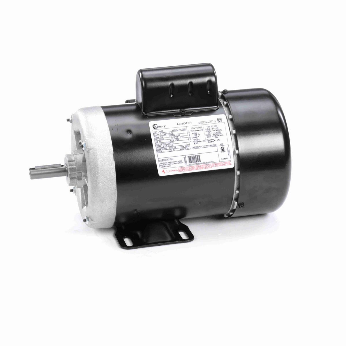 Century General Purpose Motor, 1.000 HP, 1 Ph, 60 Hz, 208-230/115 V, 1800 RPM, L56 Frame, TEFC - C620