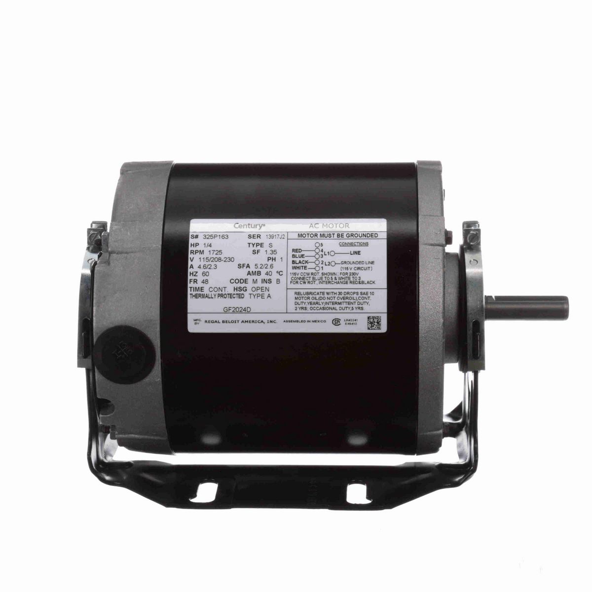 Century Fan and Blower Motor, 1/4 HP, 1 Ph, 60 Hz, 115/208-230 V, 1800 RPM, 48 Frame, OPEN - GF2024D