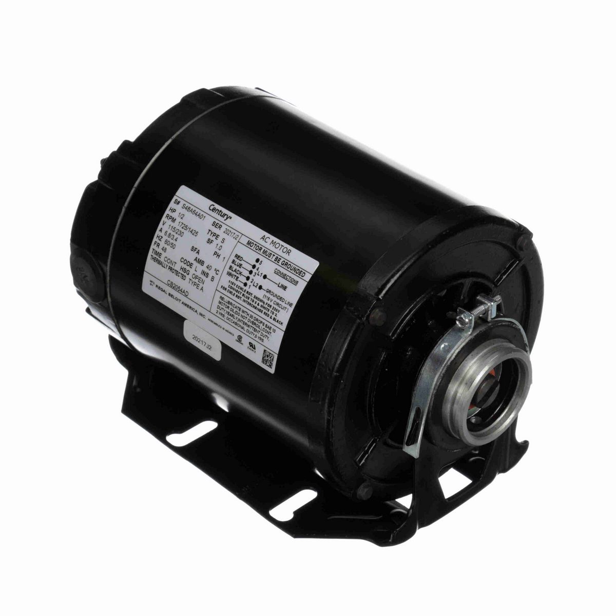 Century Carbonator Pump Motor, 1/2 HP, 1 Ph, 60/50 Hz, 115/230 V, 1800 RPM, 48 Frame, OPEN - CB2054AD