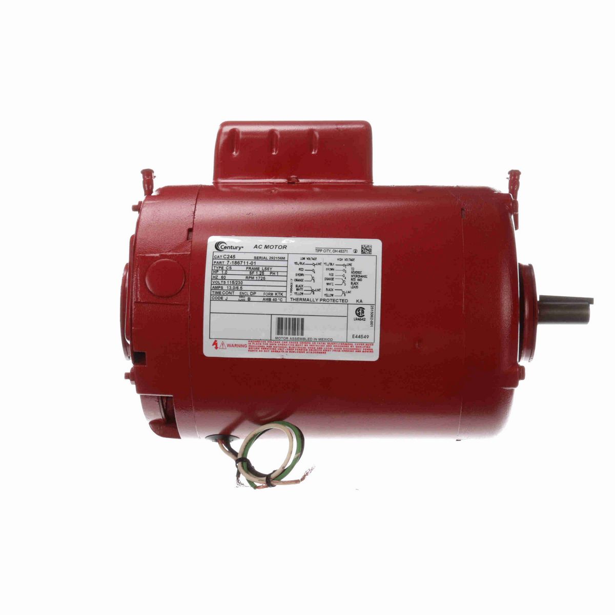 Century Circulator Pump Motor, 1.0 HP, 1 Ph, 60 Hz, 115/230 V, 1800 RPM, L56Y Frame, DP - C245