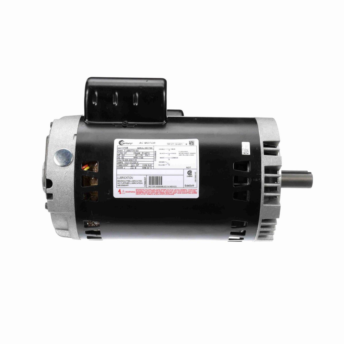 Century General Purpose Motor, 2.0 HP, 1 Ph, 60 Hz, 208-230/115 V, 1800 RPM, R145TC Frame, DP - V108