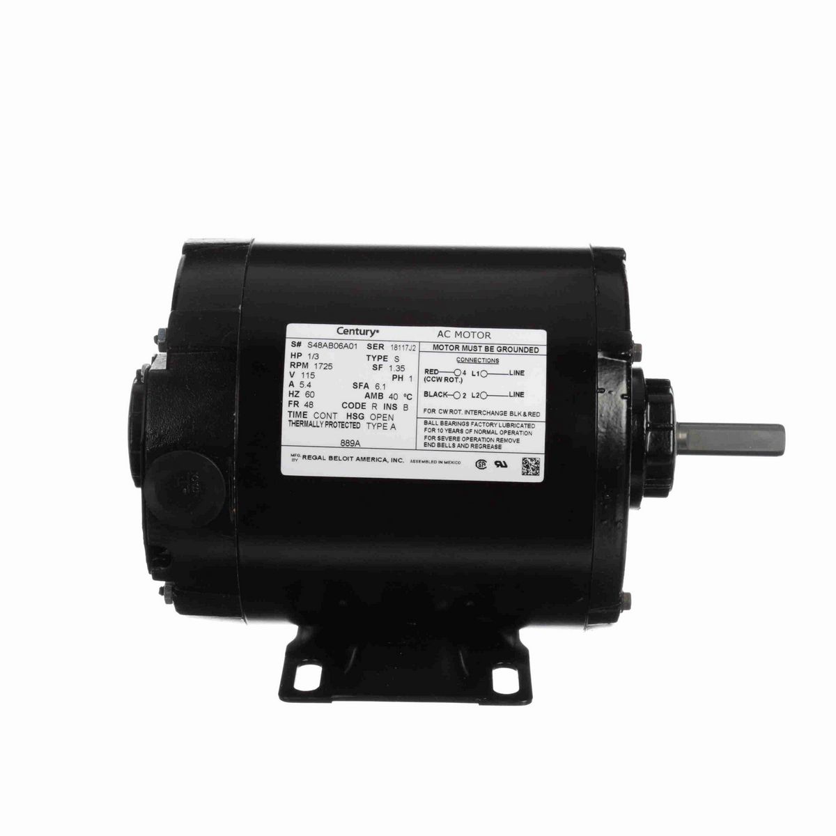 Century Fan and Blower Motor, 1/3 HP, 1 Ph, 60 Hz, 115 V, 1800 RPM, 48 Frame, OPEN - 889A