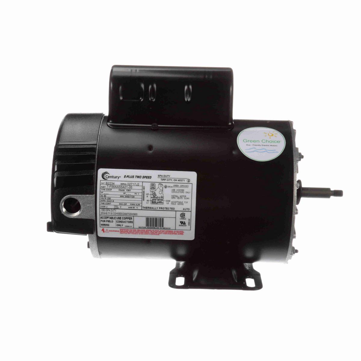 Century Pool Pump Motor, 3.0 / 0.38 SPL HP, 1 Ph, 60 Hz, 230 V, 3600 RPM, Y56Y Frame, DP - B2234