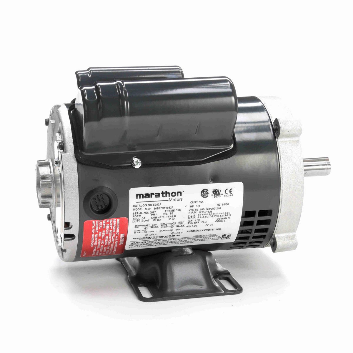 LEESON General Purpose Motor, 0.33 & 0.33 HP, 1 Ph, 60 & 50 Hz, 100-120/200-240 & 100-120/200-240 V, 1800 & 1500 RPM, 56C Frame, DP - E252A