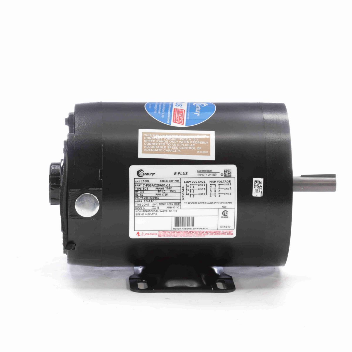 Century E-PLUS ® Speed Ratio Motor, 3/4 HP, 3 Ph, 60 Hz, 208-230/460 V, 1800 RPM, Y56C Frame, TENV - E180L