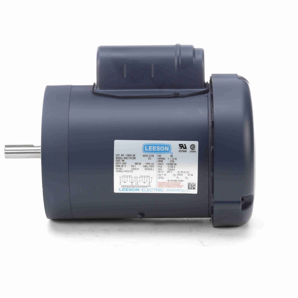 LEESON General Purpose Motor, 1 HP, 1 Ph, 60 Hz, 115/230 V, 1800 RPM, 56C Frame, TEFC - 110041.00