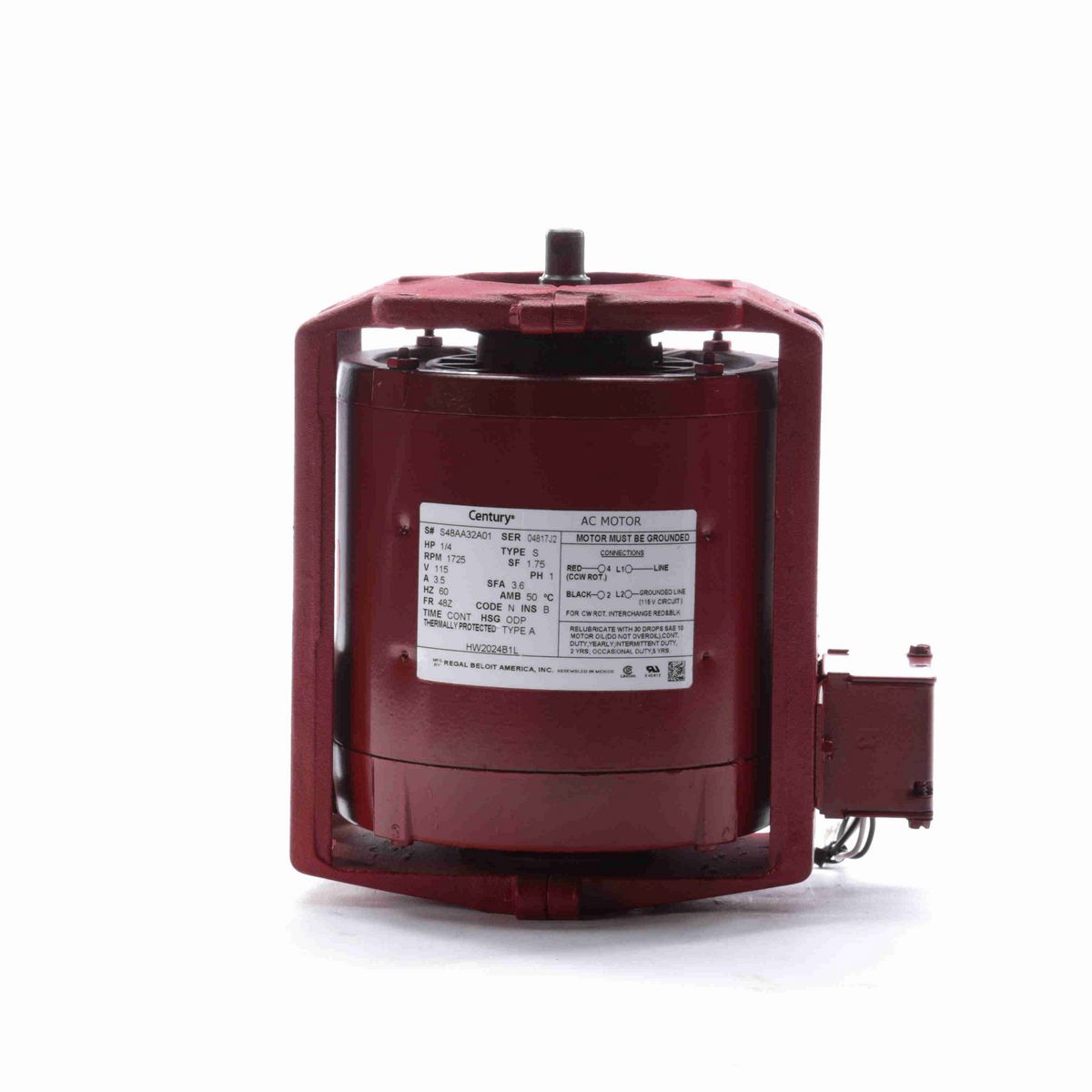 Century Circulator Pump Motor, 1/4 HP, 1 Ph, 60 Hz, 115 V, 1800 RPM, 48Z Frame, ODP - HW2024B1L