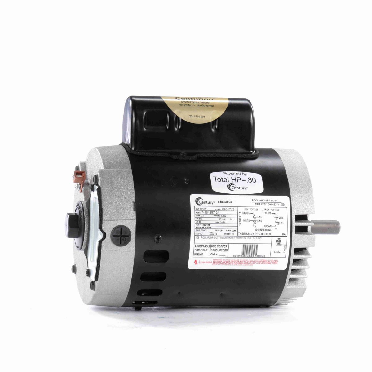 Century Pool Pump Motor, 1/2 HP, 1 Ph, 60 Hz, 230/115 V, 3600 RPM, L56C Frame, DP - B120