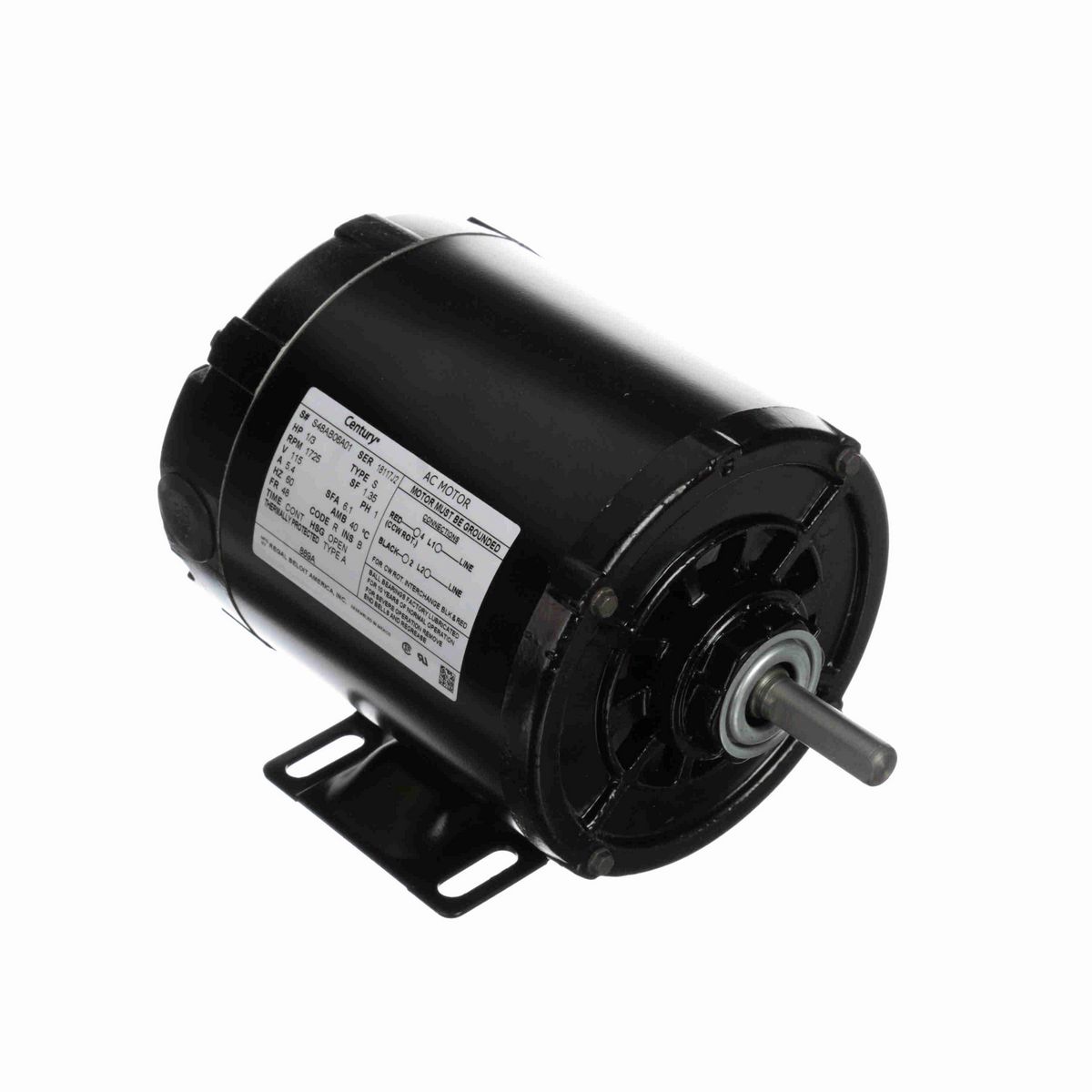 Century Fan and Blower Motor, 1/3 HP, 1 Ph, 60 Hz, 115 V, 1800 RPM, 48 Frame, OPEN - 889A
