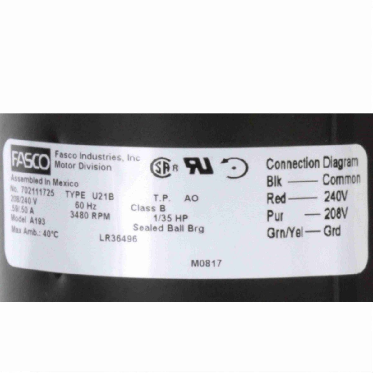 FASCO Rectangular Outlet Shaded Pole OEM Replacement Draft Inducer Blower, 208/240 Volts, Flange: No - A193