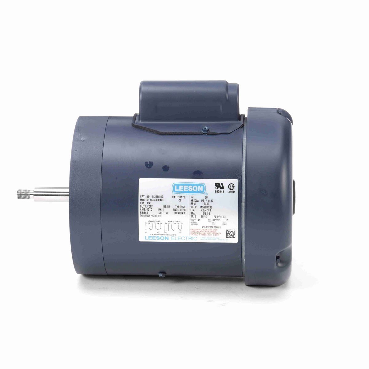 LEESON Jet Pump Motor, 0.50 HP, 1 Ph, 60 Hz, 115/230 V, 3600 RPM, 56J Frame, TEFC - 113955.00