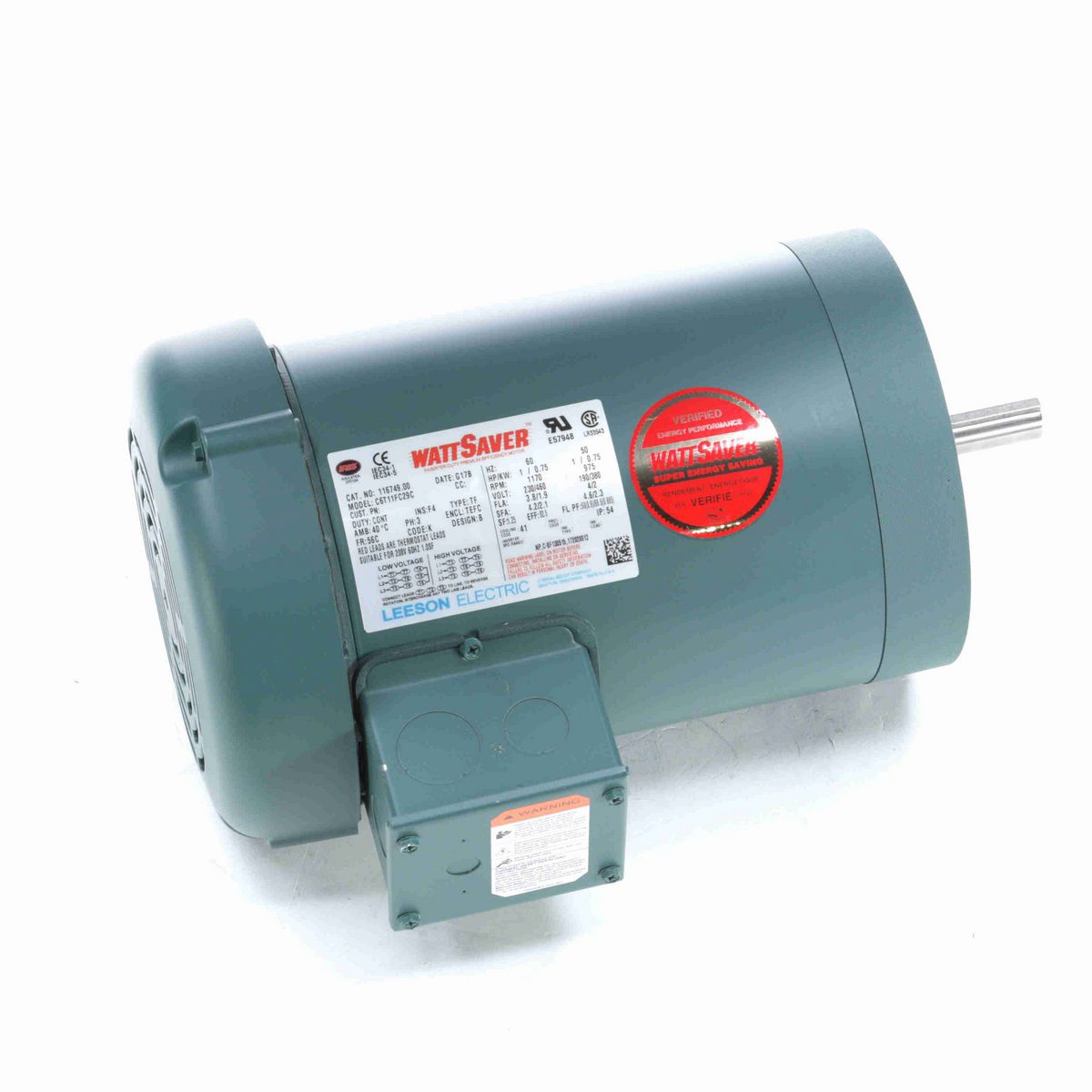 LEESON General Purpose Motor, 1 & 1 HP, 3 Ph, 60 & 50 Hz, 230/460 & 190/380 V, 1200 & 1000 RPM, 56C Frame, TEFC - 116749.00