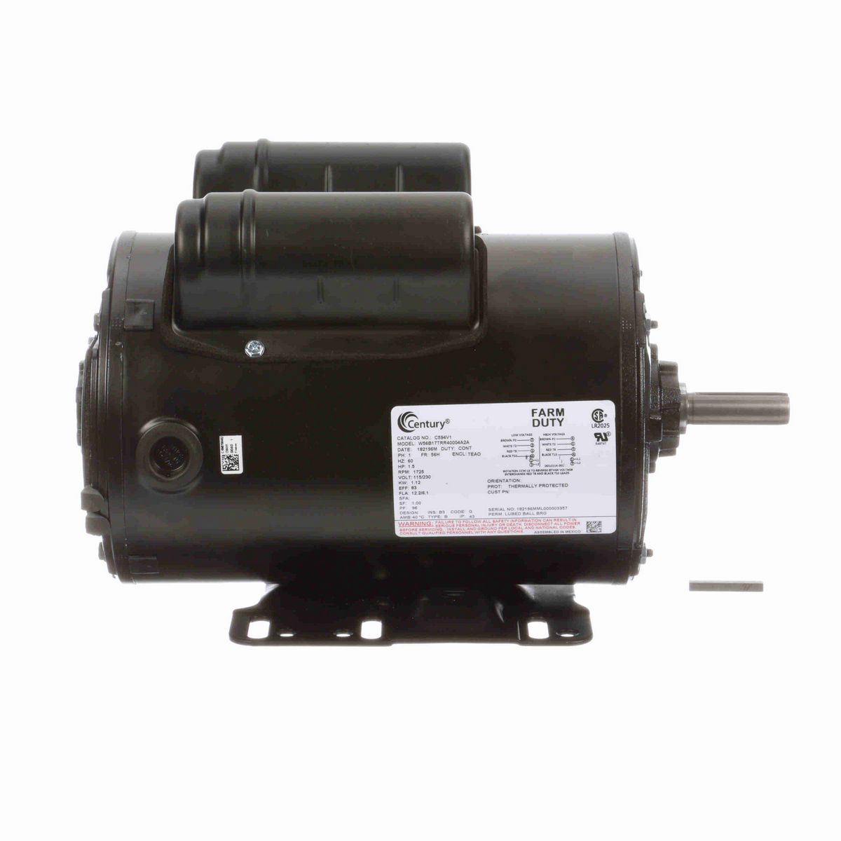 Century General Purpose Farm Duty Motor, 1.5 HP, 1 Ph, 60 Hz, 115/230 V, 1800 RPM, 56H Frame, TEAO - C594V1