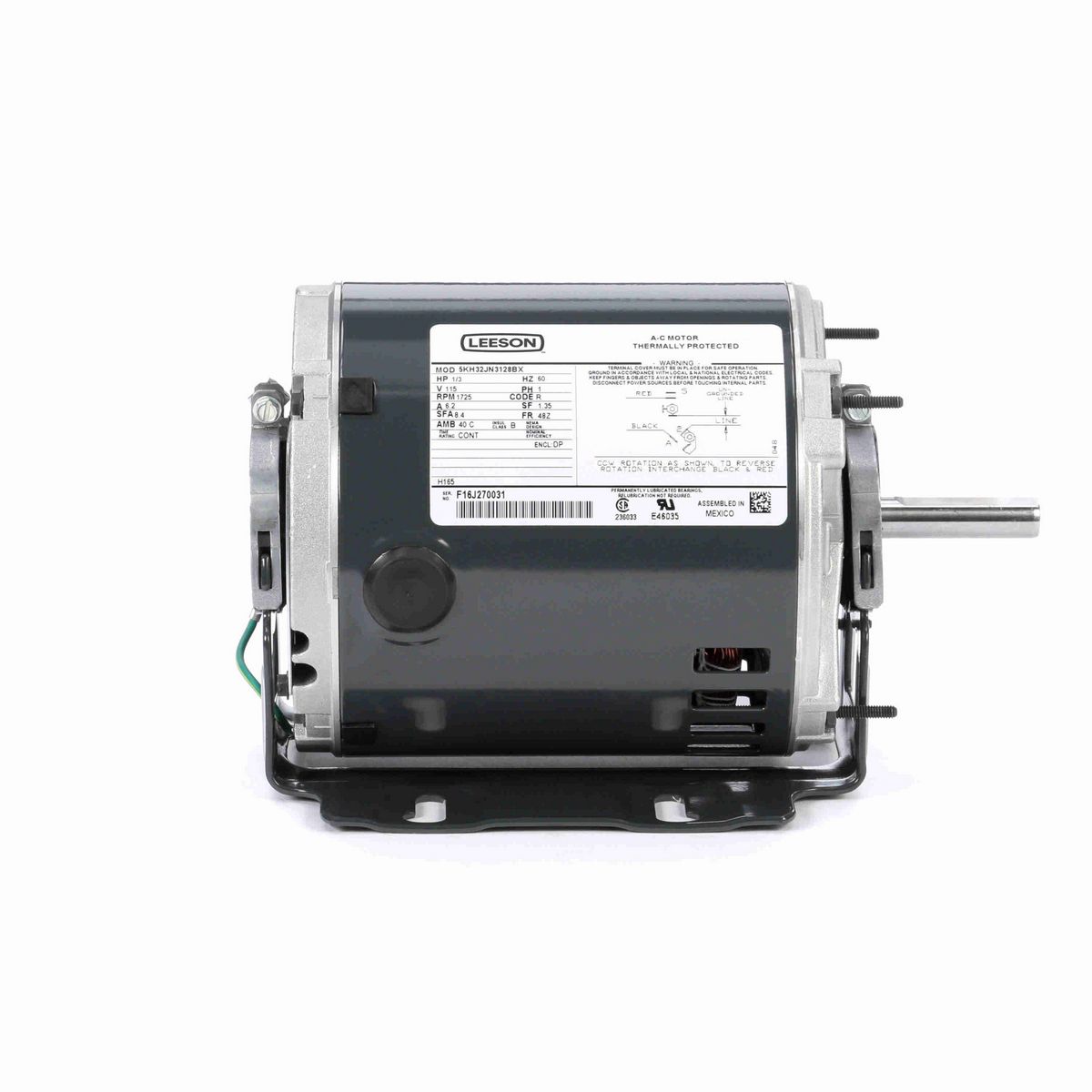 LEESON Fan and Blower Motor, 0.33 HP, 1 Ph, 60 Hz, 115 V, 1800 RPM, 48Z Frame, DP - H165