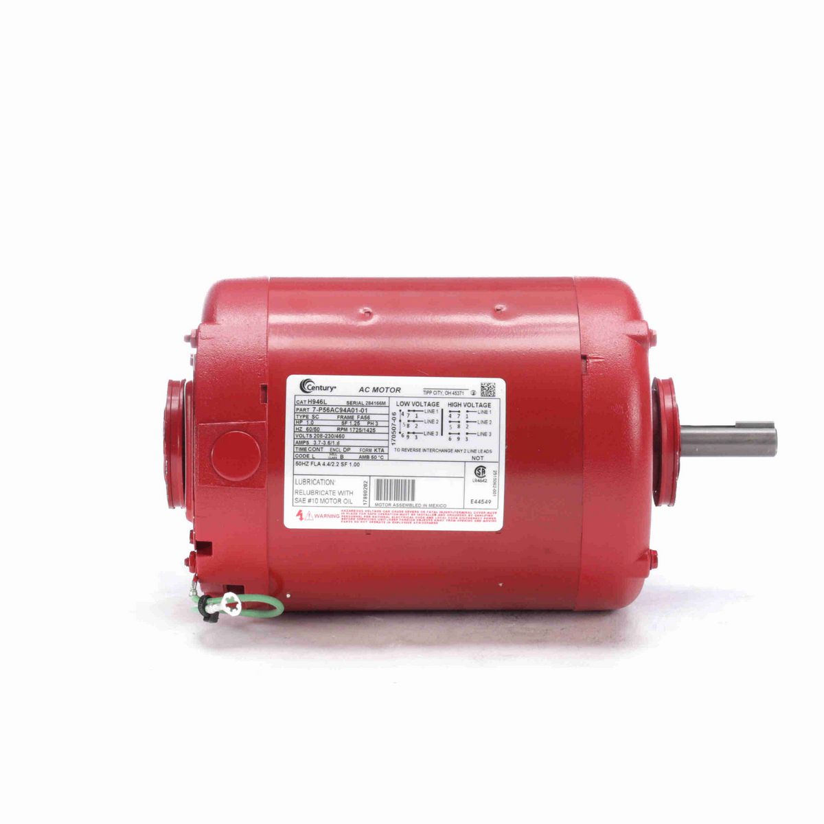 Century Circulator Pump Motor, 1.0 HP, 3 Ph, 60/50 Hz, 208-230/460 V, 1800 RPM, FA56None Frame, DP - H946L