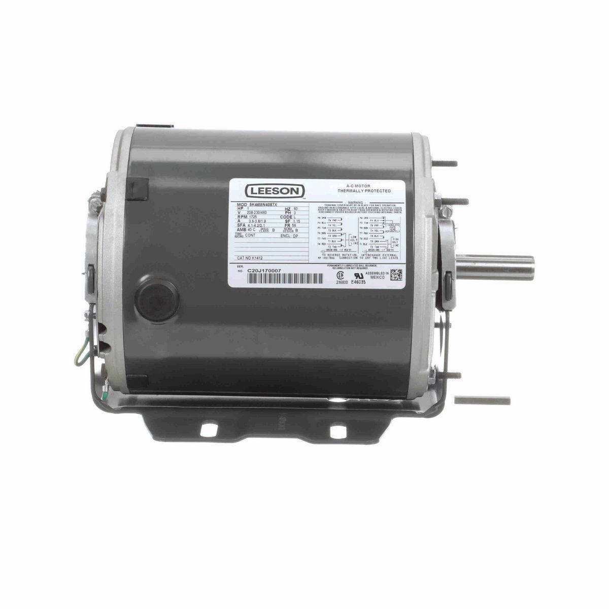 LEESON Fan and Blower Motor, 1 HP, 3 Ph, 60 Hz, 208-230/460 V, 1800 RPM, 56 Frame, DP - K1412