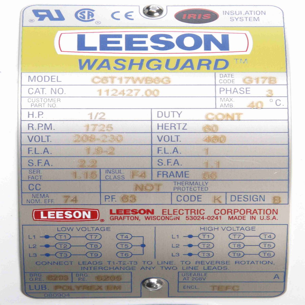 LEESON White Duck™ General Purpose Motor, 0.50 HP, 3 Ph, 60 Hz, 230/460 V, 1800 RPM, 56 Frame, TEFC - 112427.00