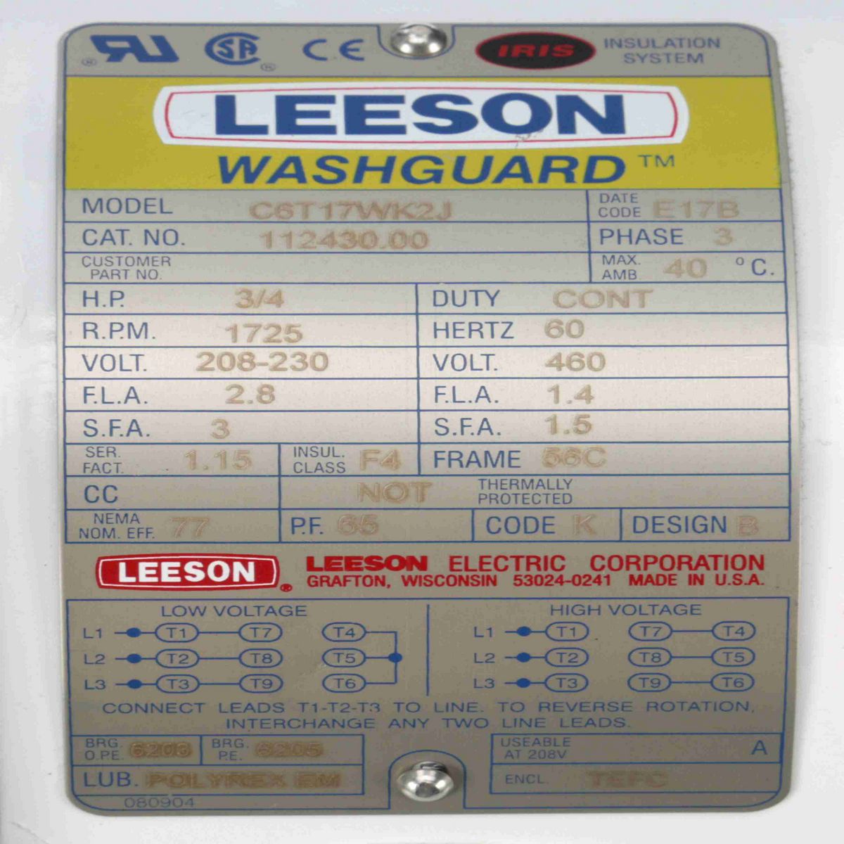 LEESON White Duck™ General Purpose Motor, 0.75 HP, 3 Ph, 60 Hz, 230/460 V, 1800 RPM, 56C Frame, TEFC - 112430.00