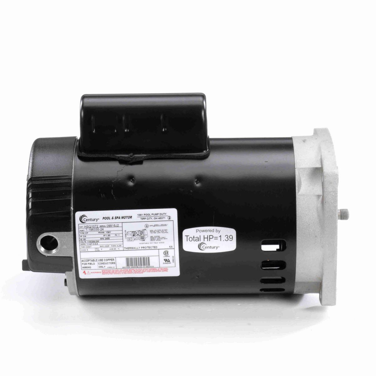 Century Pool Pump Motor, 3/4 HP, 1 Ph, 60 Hz, 208-230-115 V, 3600 RPM, Y56Y Frame, ODP - HSQ1072