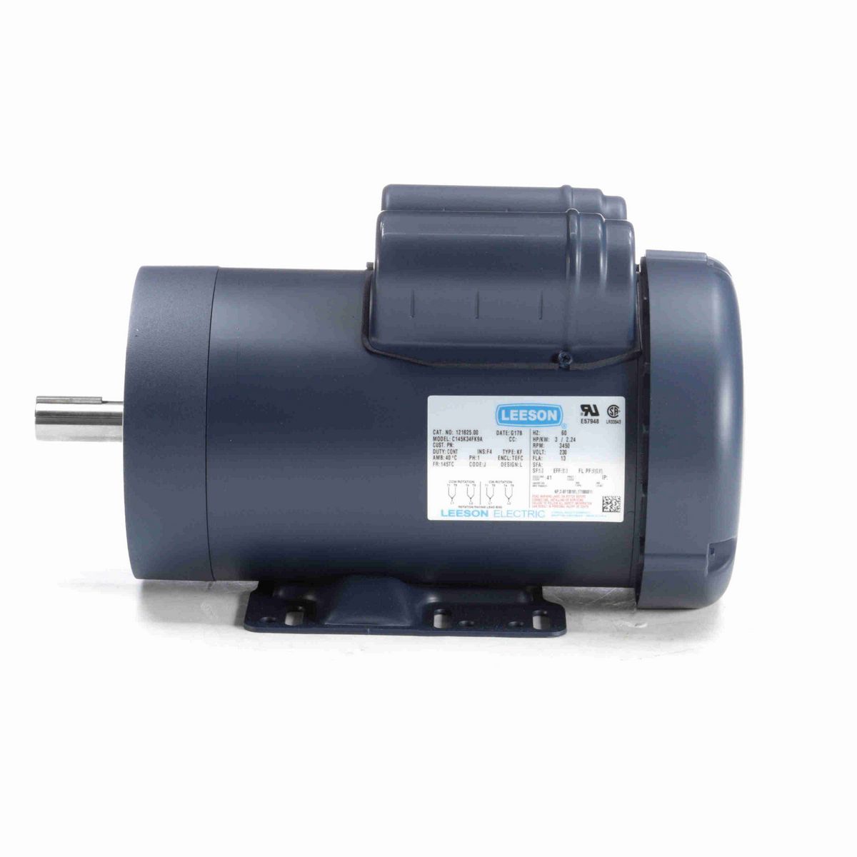 LEESON General Purpose Motor, 3 HP, 1 Ph, 60 Hz, 230 V, 3600 RPM, 145TC Frame, TEFC - 121825.00