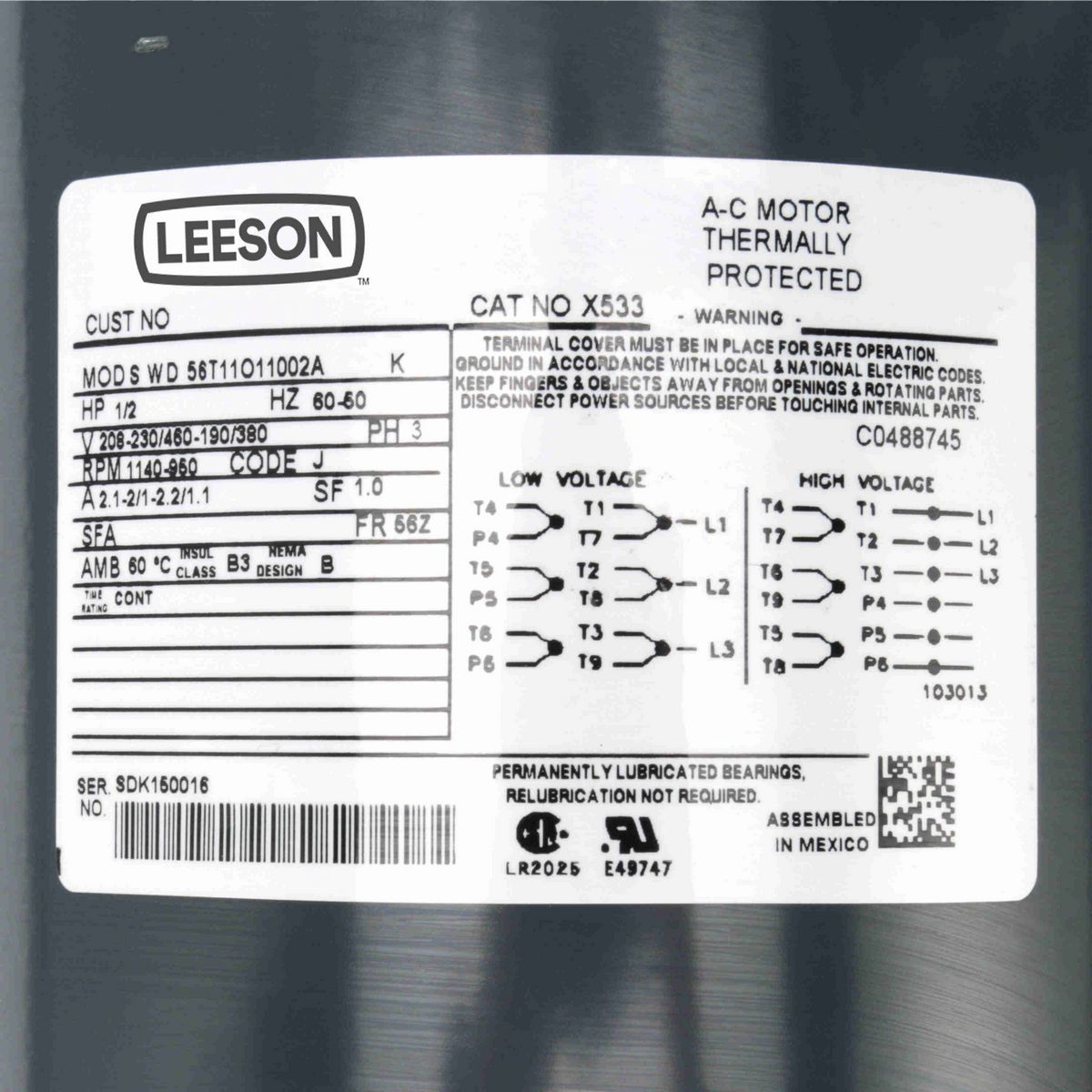 LEESON Condenser Fan Motor, 0.50 & 0.50 HP, 3 Ph, 60 & 50 Hz, 208-230/460 & 190/380 V, 1200 & 1000 RPM, 56Z Frame, OPEN - X533