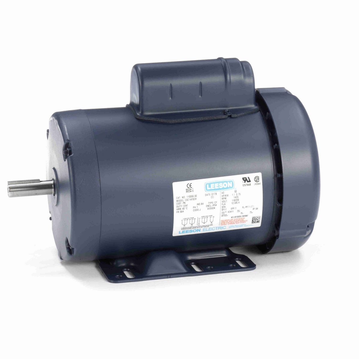 LEESON Special Voltage Motor, 1 HP, 1 Ph, 50 Hz, 110/220 V, 1500 RPM, 56H Frame, TEFC - 110066.00