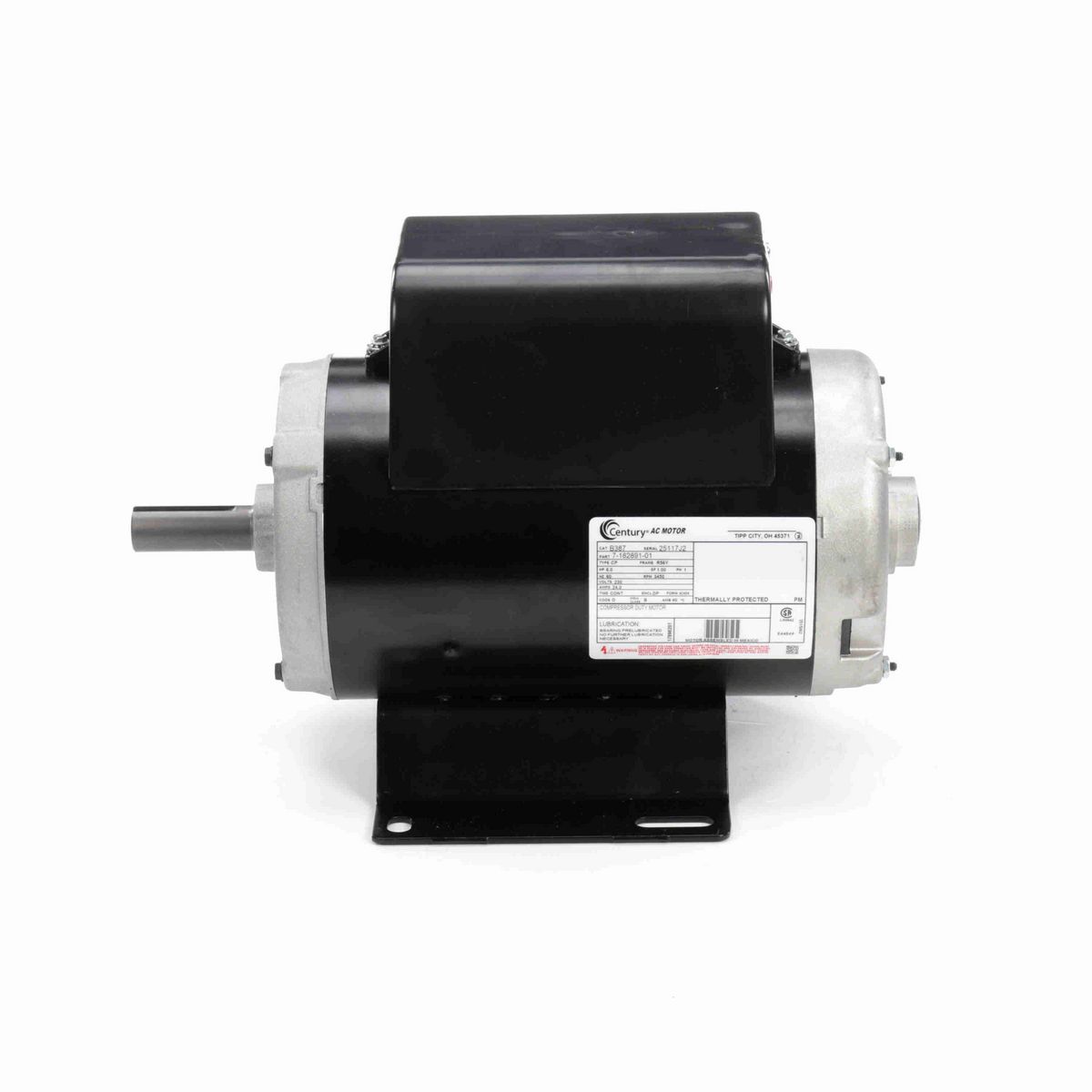 Century Air Compressor Motor, 6.0 HP, 1 Ph, 60 Hz, 230 V, 3600 RPM, R56Y Frame, DP - B387