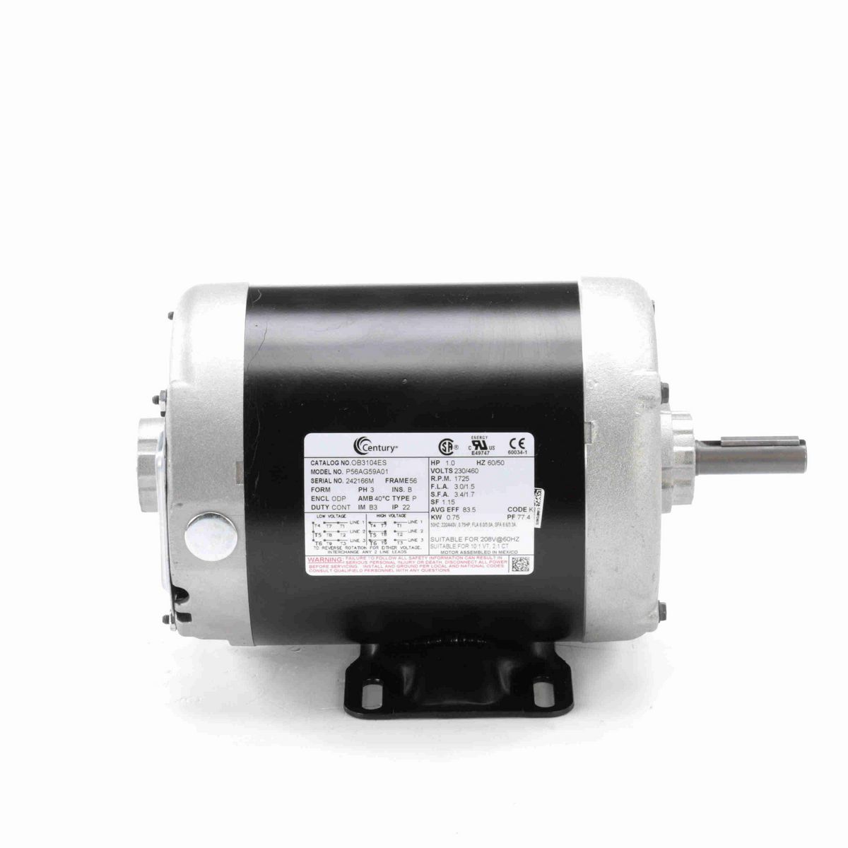 Century General Purpose Motor, 1.0 HP, 3 Ph, 60 Hz, 230/460 V, 1800 RPM, 56 Frame, ODP - OB3104ES