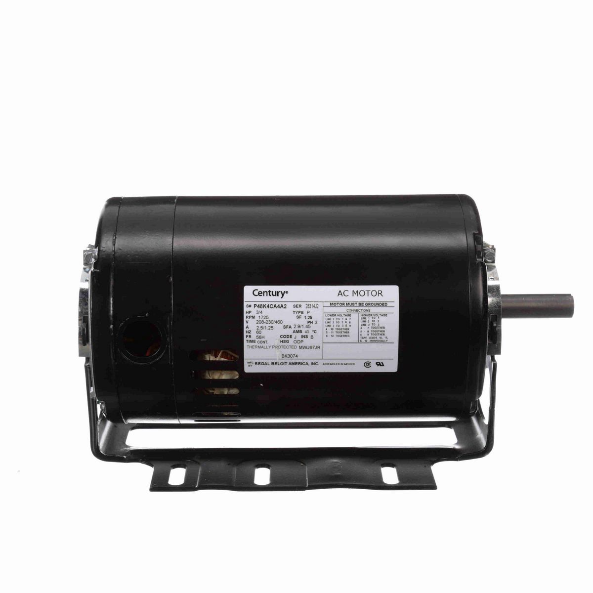 Century Fan and Blower Motor, 3/4 HP, 3 Ph, 60 Hz, 208-230/460 V, 1800 RPM, 56H Frame, ODP - BK3074