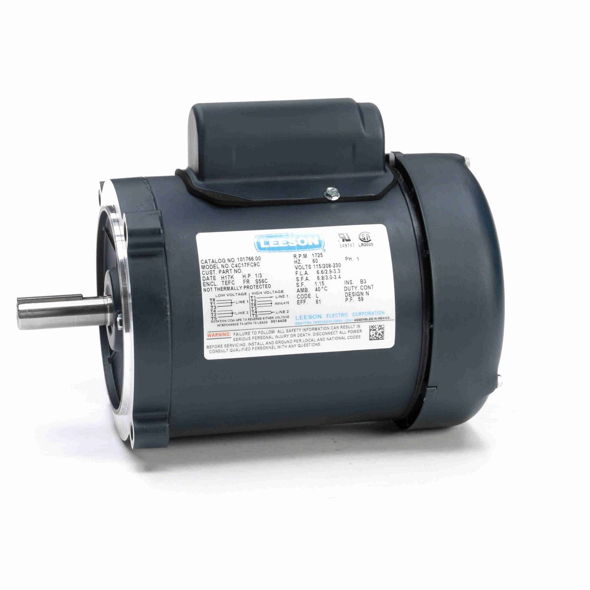 LEESON General Purpose Motor, 0.33 HP, 1 Ph, 60 Hz, 115/230 V, 1800 RPM, S56C Frame, TEFC - 101766.00