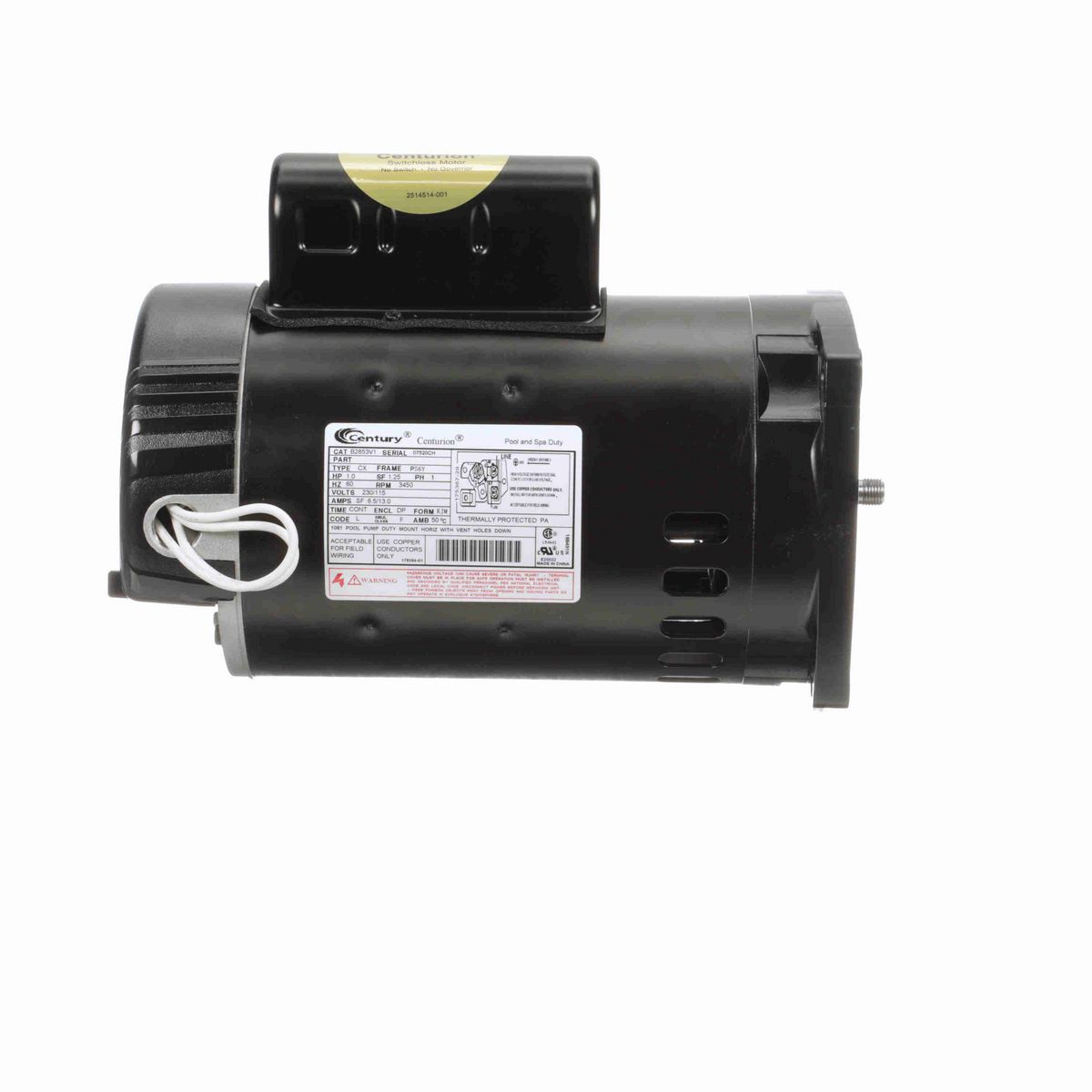 Century Pool Pump Motor, 1.0 HP, 1 Ph, 60 Hz, 230/115 V, 3600 RPM, P56Y Frame, DP - B2853V1