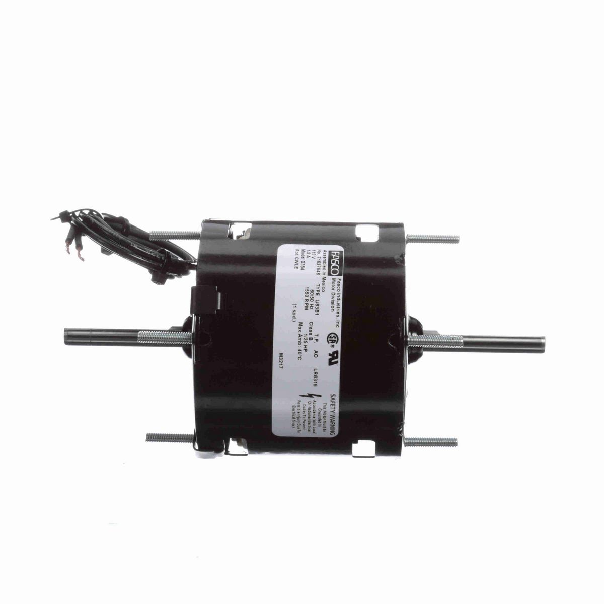 FASCO Fan and Blower Motor, 1/25 HP, 1 Ph, 60 Hz, 115 V, 1550 RPM, 1 Speed, 3.3" Diameter, OAO - D364