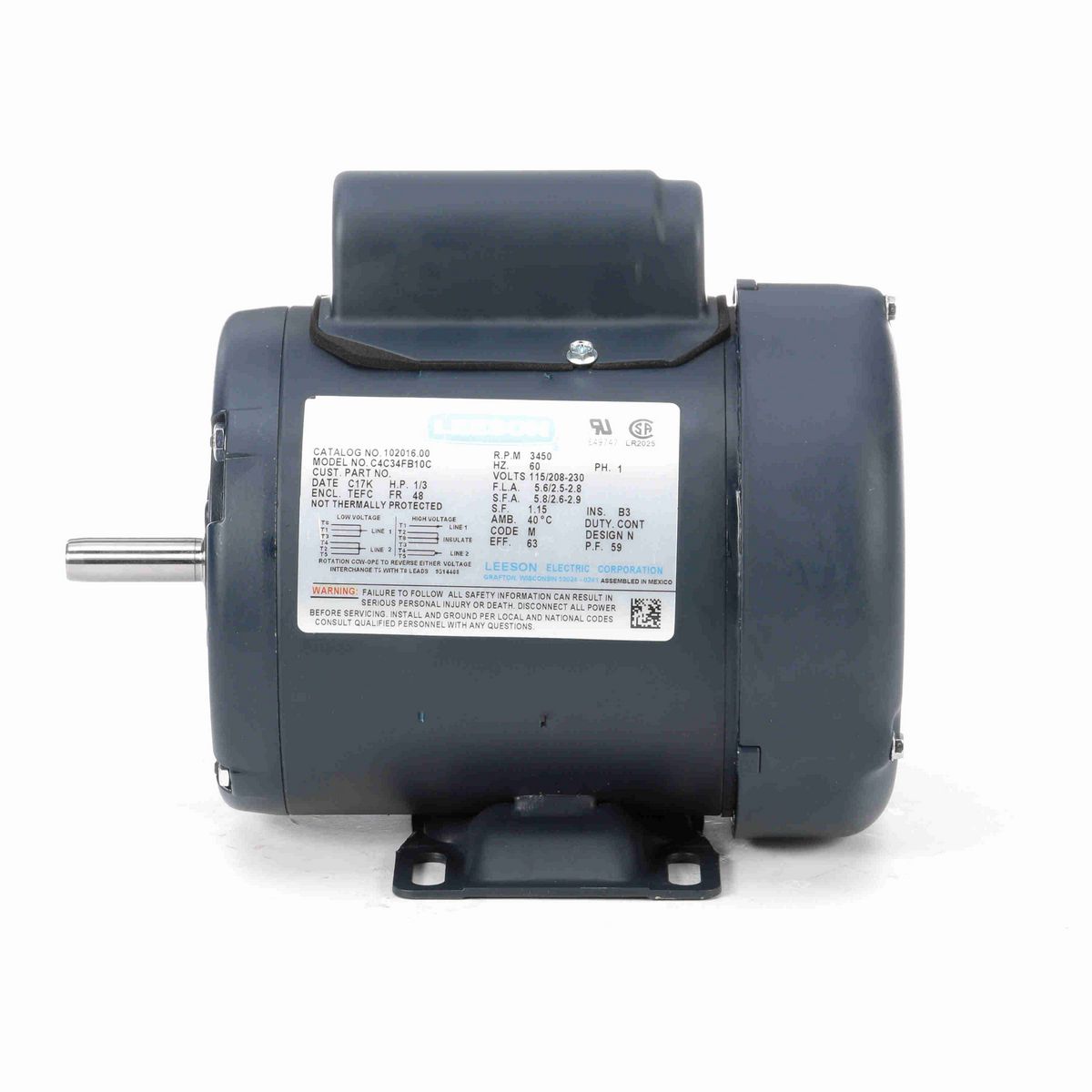 LEESON General Purpose Motor, 0.33 HP, 1 Ph, 60 Hz, 115/230 V, 3600 RPM, 48 Frame, TEFC - 102016.00