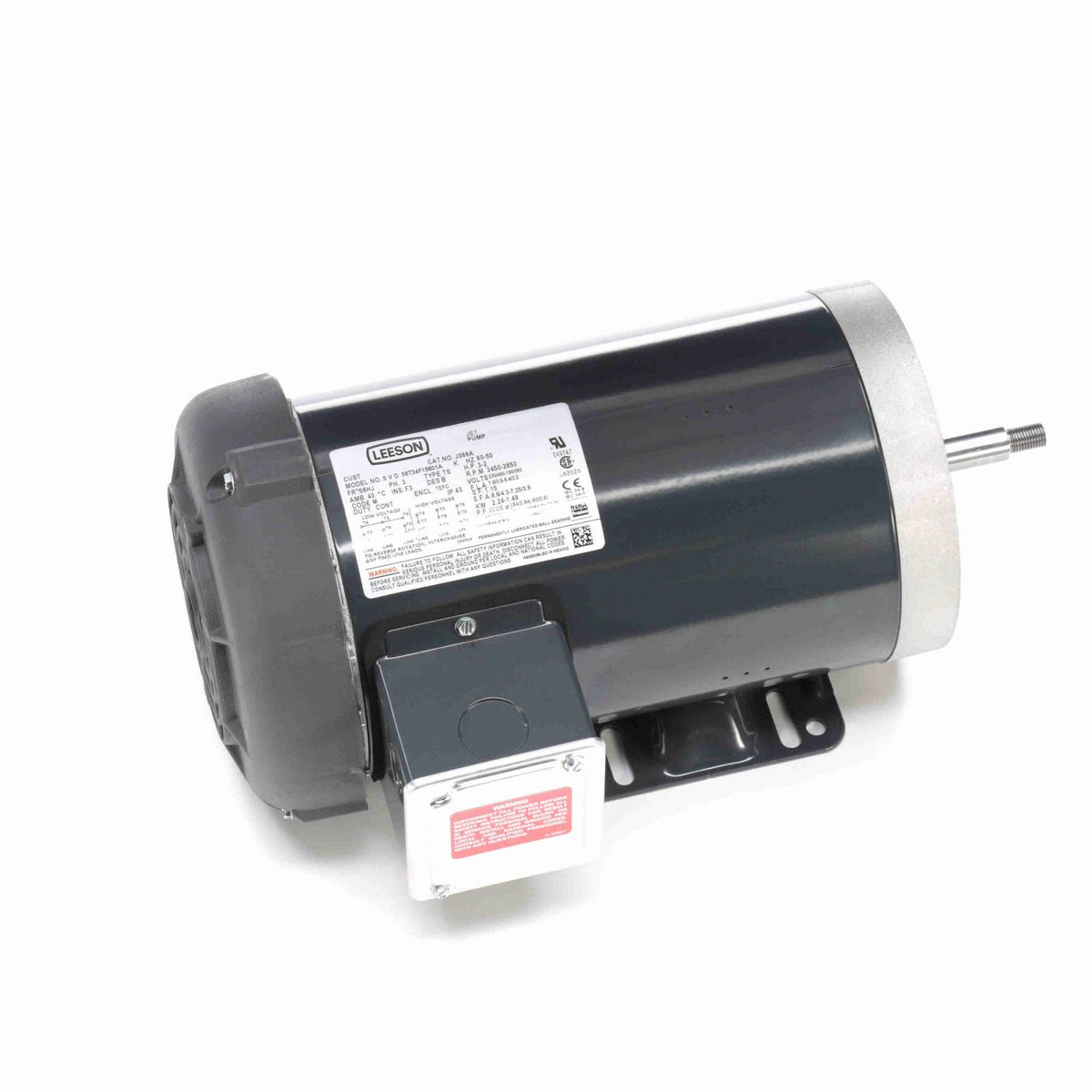 LEESON Jet Pump Motor, 3 & 2 HP, 3 Ph, 60 & 50 Hz, 230/460 & 190/380 V, 3600 & 3000 RPM, 56HJ Frame, TEFC - J066A