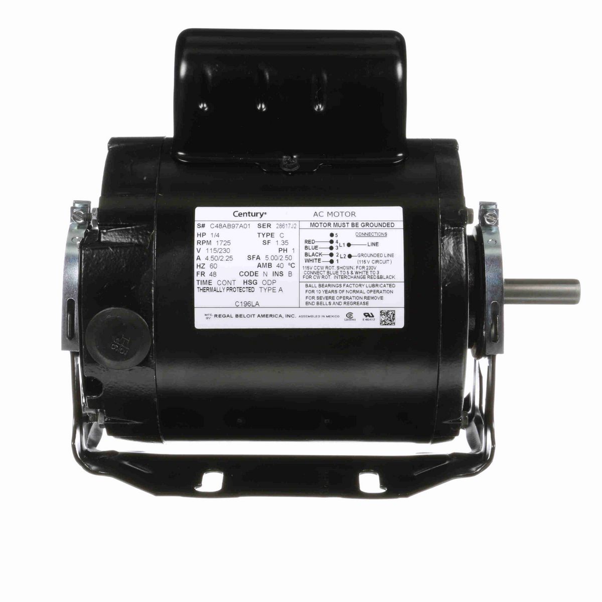 Century Fan and Blower Motor, 1/4 HP, 1 Ph, 60 Hz, 115/230 V, 1800 RPM, 48 Frame, ODP - C196LA