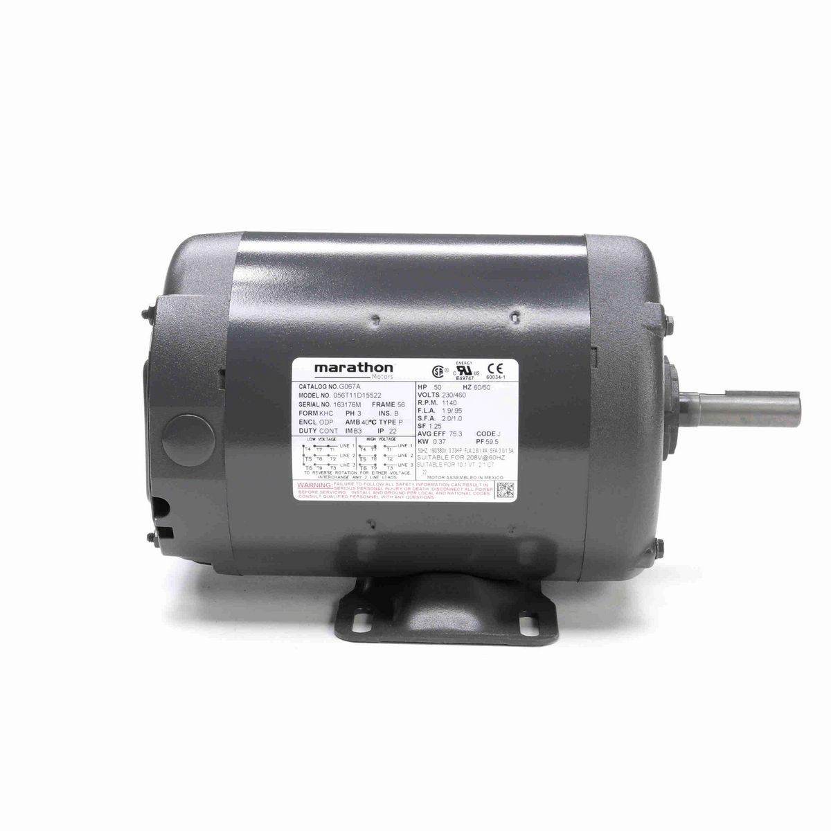 LEESON General Purpose Motor, 0.50 & 0.33 HP, 3 Ph, 60 & 50 Hz, 230/460 & 190/380 V, 1200 & 1000 RPM, 56 Frame, DP - G067A