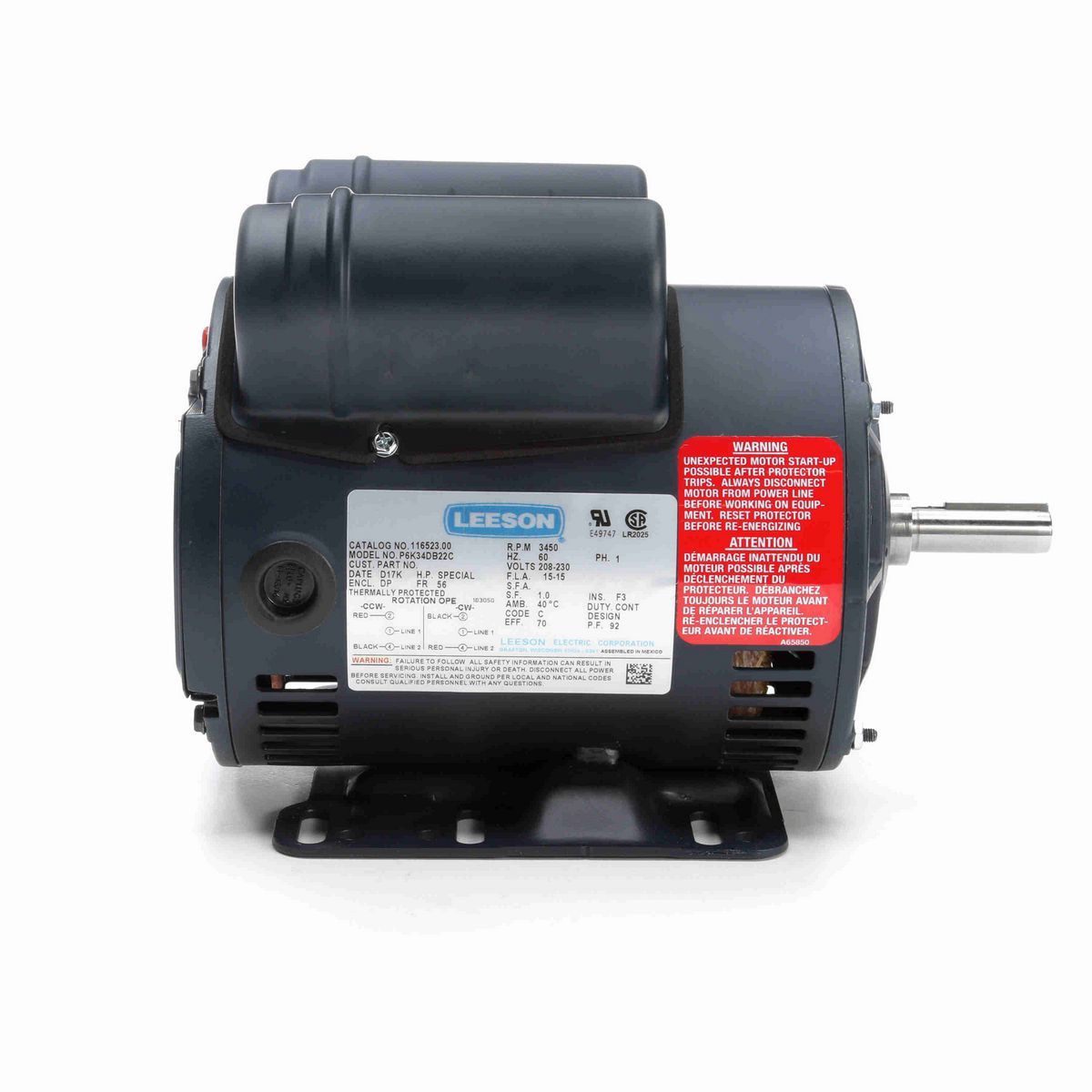 LEESON Air Compressor Motor, 5 HP, 1 Ph, 60 Hz, 230 V, 3600 RPM, 56 Frame, DP - 116523.00