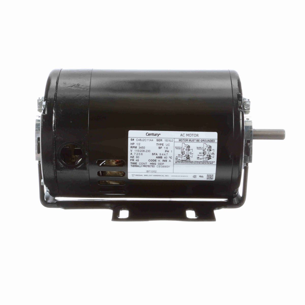 Century Fan and Blower Motor, 1/2 HP, 1 Ph, 60 Hz, 115/208-230 V, 3600 RPM, 48 Frame, ODP - BF1052