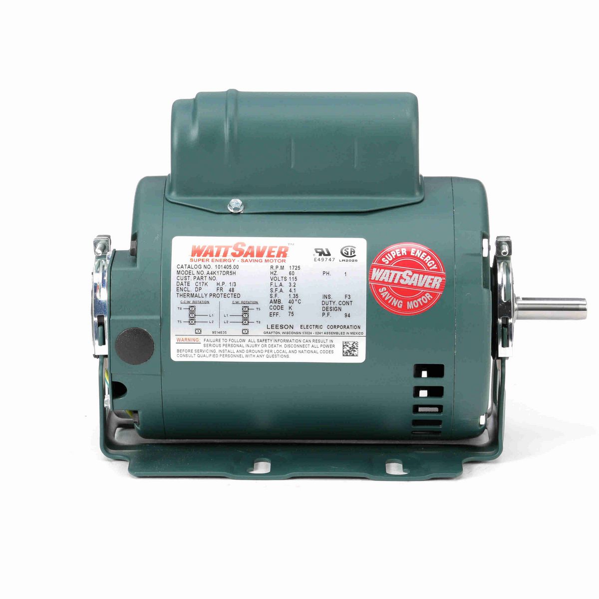 LEESON Fan and Blower Motor, 0.33 HP, 1 Ph, 60 Hz, 115 V, 1800 RPM, 48 Frame, DP - 101405.00