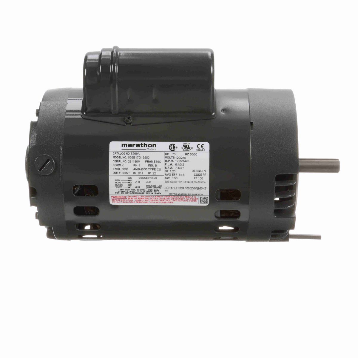 LEESON General Purpose Motor, 0.75 & 0.75 HP, 1 Ph, 60 & 50 Hz, 120/240 & 120/240 V, 1800 & 1500 RPM, 56C Frame, DP - E269A