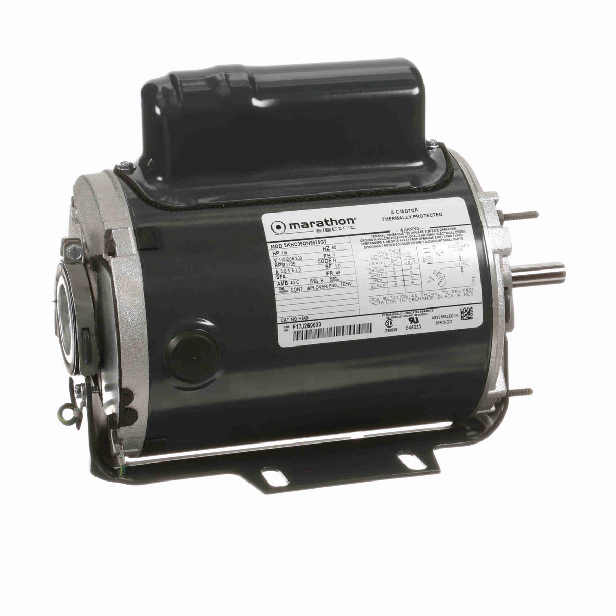 LEESON General Purpose Farm Duty Motor, 0.25 HP, 1 Ph, 60 Hz, 115/208-230 V, 1800 RPM, 48 Frame, TENV - H649