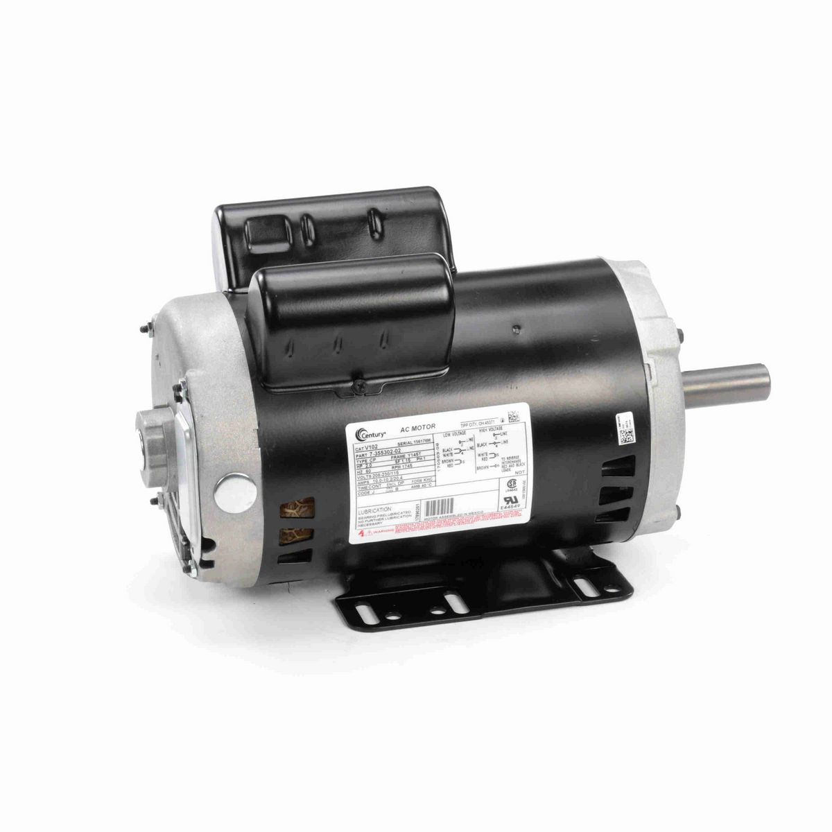 Century General Purpose Motor, 2.0 HP, 1 Ph, 60 Hz, 208-230/115 V, 1800 RPM, Y145T Frame, DP - V102
