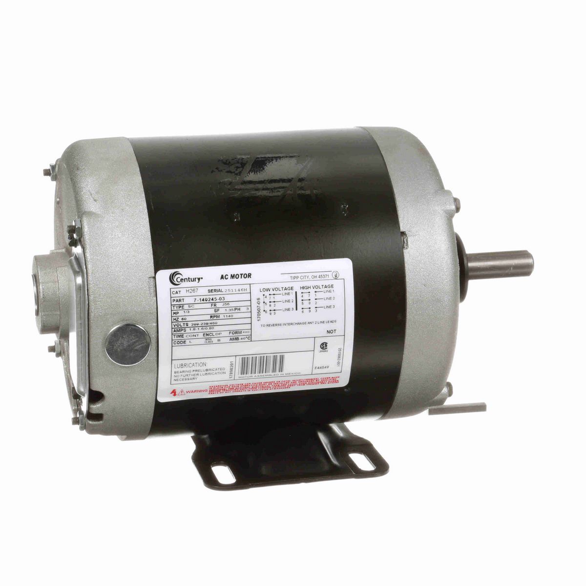 Century General Purpose Motor, 1/3 HP, 3 Ph, 60 Hz, 200-230/460 V, 1200 RPM, J56 Frame, DP - H267