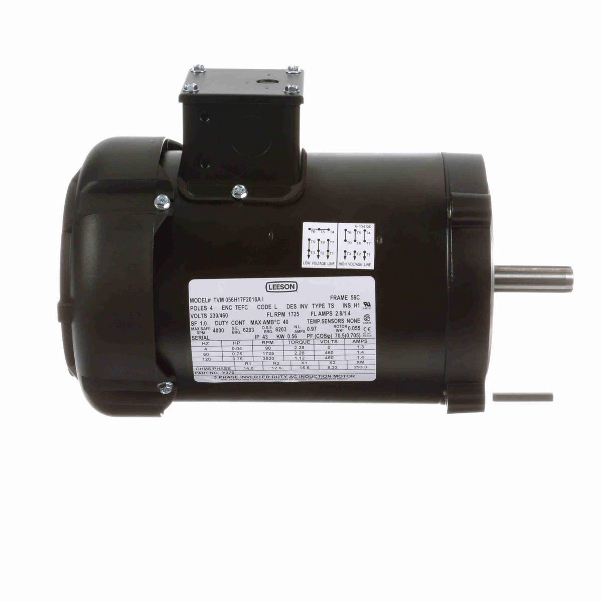 LEESON Speed Ratio Motor, 0.75 HP, 3 Ph, 60 Hz, 230/460 V, 1800 RPM, 56C Frame, TEFC - Y376