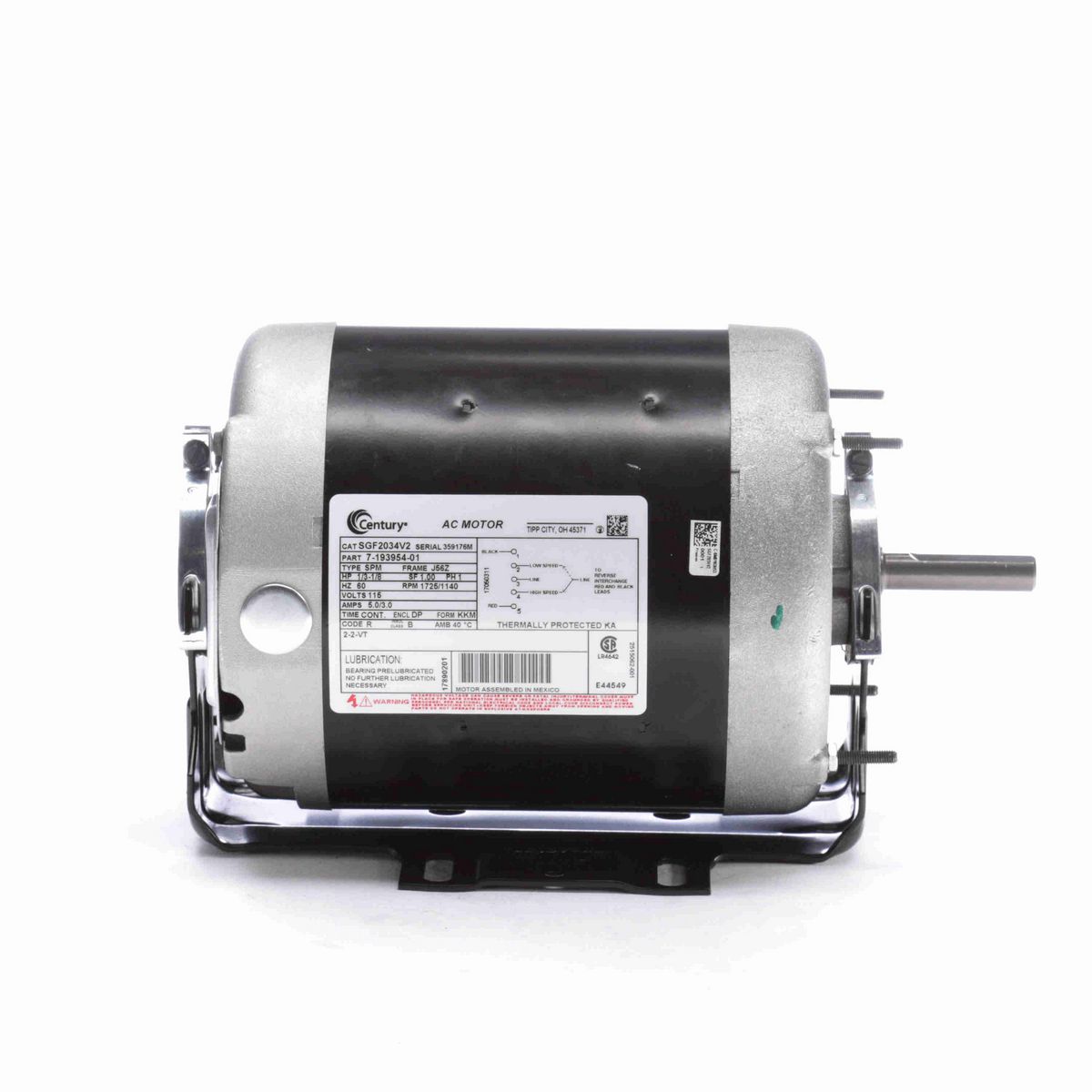 Century Fan and Blower Motor, 1/3-1/8 HP, 1 Ph, 60 Hz, 115 V, 1800 RPM, J56Z Frame, DP - SGF2034V2