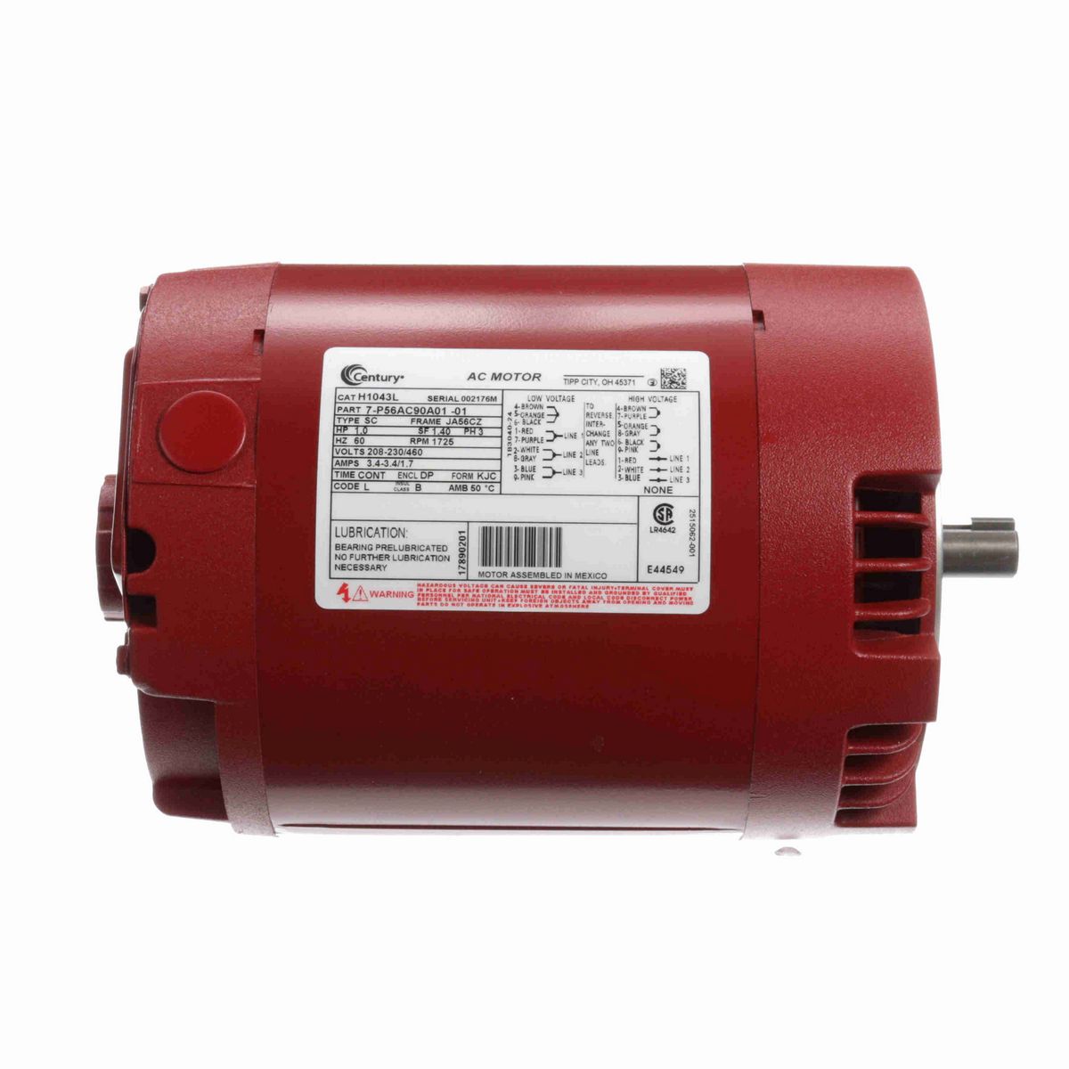 Century Circulator Pump Motor, 1.0 HP, 3 Ph, 60 Hz, 208-230/460 V, 1800 RPM, JA56CZ Frame, DP - H1043L