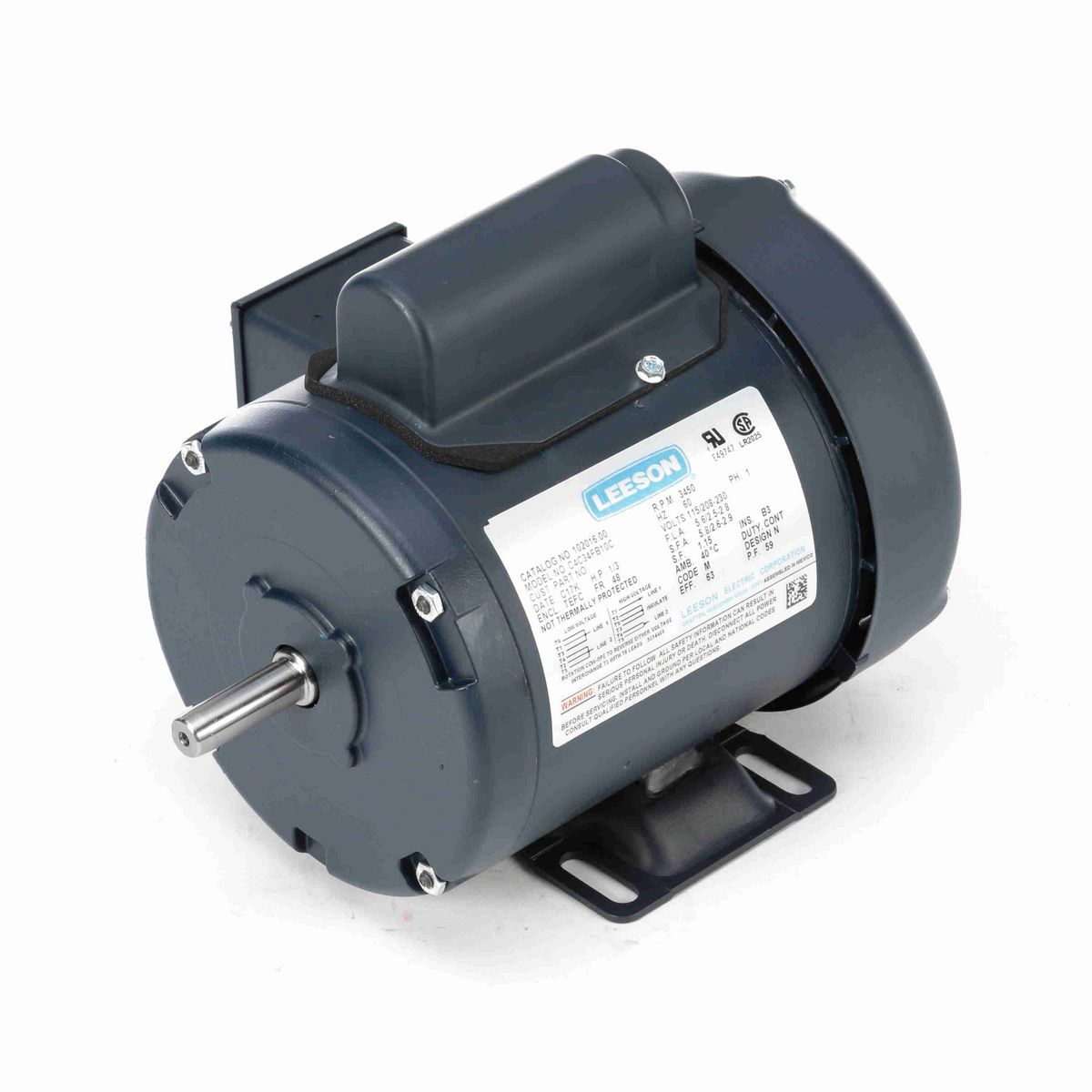 LEESON General Purpose Motor, 0.33 HP, 1 Ph, 60 Hz, 115/230 V, 3600 RPM, 48 Frame, TEFC - 102016.00