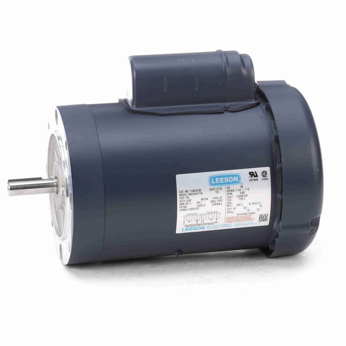 LEESON General Purpose Motor, 1.50 HP, 1 Ph, 60 Hz, 115/230 V, 3600 RPM, 56C Frame, TEFC - 110418.00