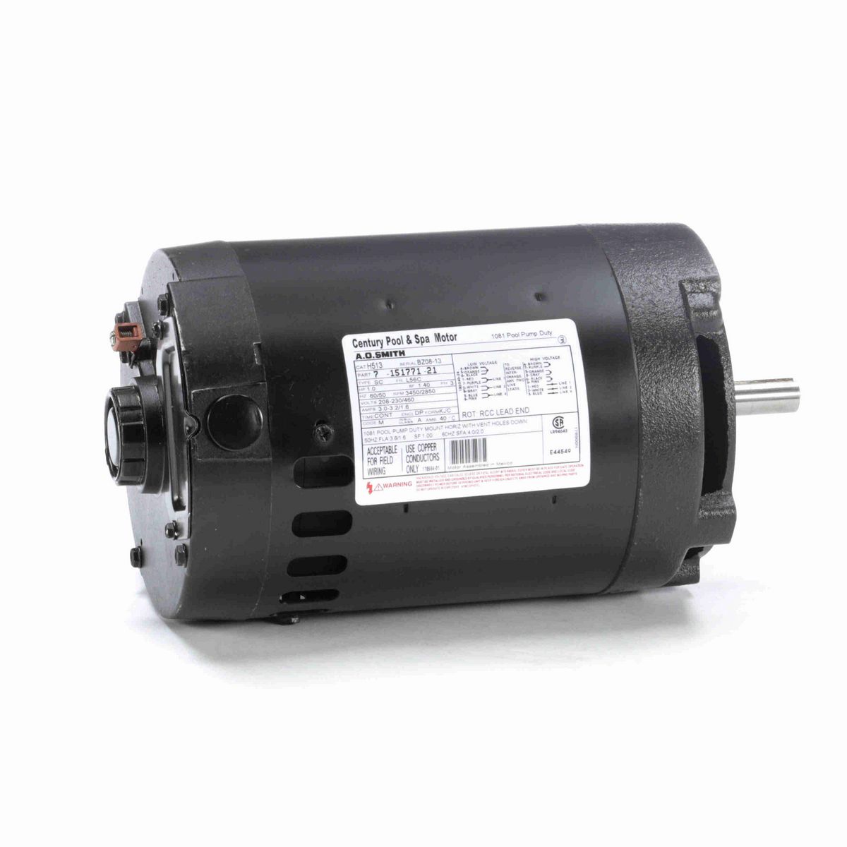 Century Pool Pump Motor, 1.0 HP, 3 Ph, 60 Hz, 208-230/460 V, 3600 RPM, L56C Frame, DP - H513