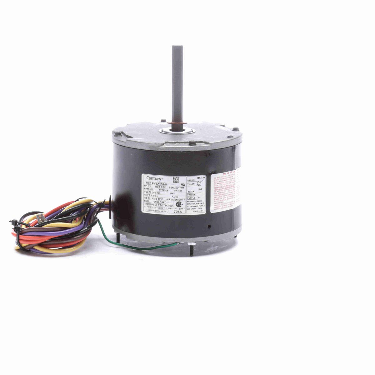 Century OEM Replacement Motor, 1/5 HP, 1 Ph, 60 Hz, 208-230 V, 825 RPM, 1 Speed, 48 Frame, TEAO - 795A